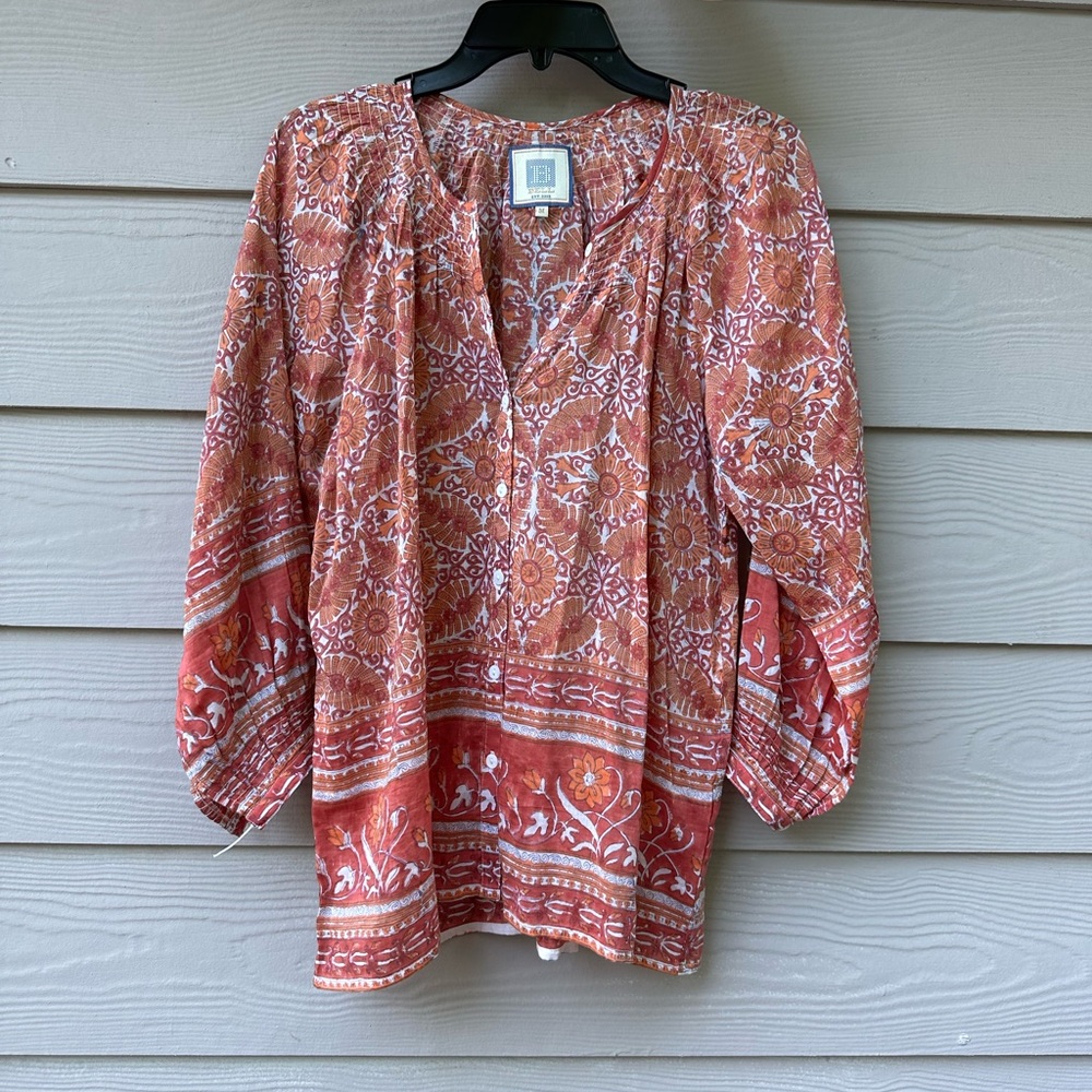 Coral & Orange Embellished Boho Sleeve Blouse Large